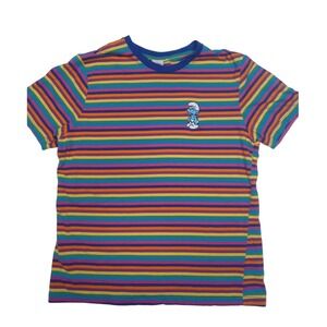 The Smurfs Mens Rainbow Striped T-Shirt Multicolor Hefty Smurf Embroidered XL
